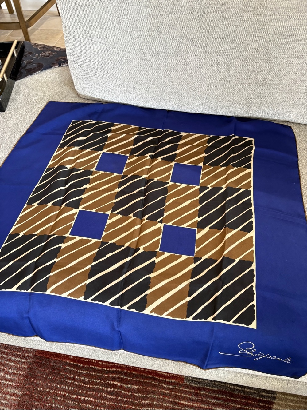 Vintage Schiaparelli Silk Scarf in Royal Blue, Black and Brown